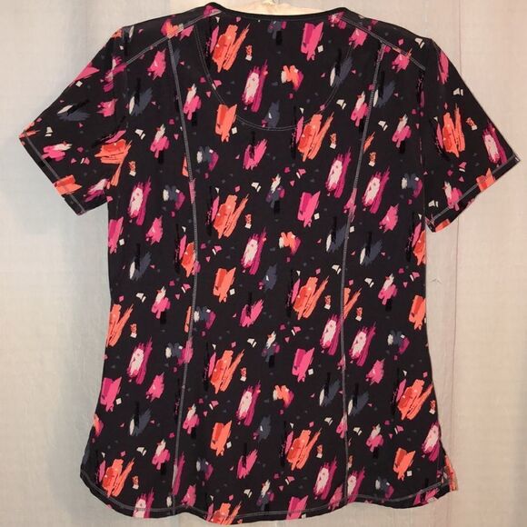 Infinity S Charcoal Gray Neon Pastel Paintbrush Strokes Stretch Scrub Top - Picture 2 of 15